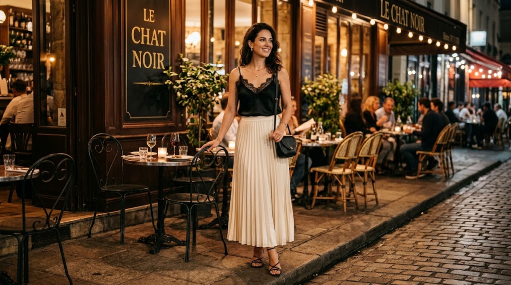 Black Lace-Trim Silk Cami Top & Cream Pleated Maxi Skirt